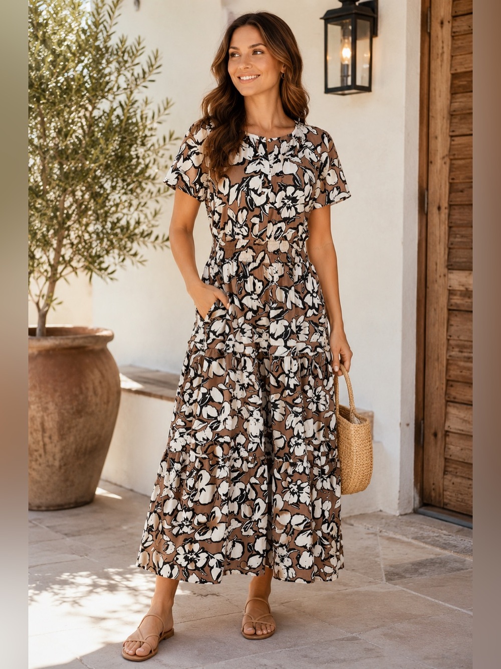 Cynthia Rowley Floral Tiered Maxi Dress XL Pockets Smocked Waist NWOT